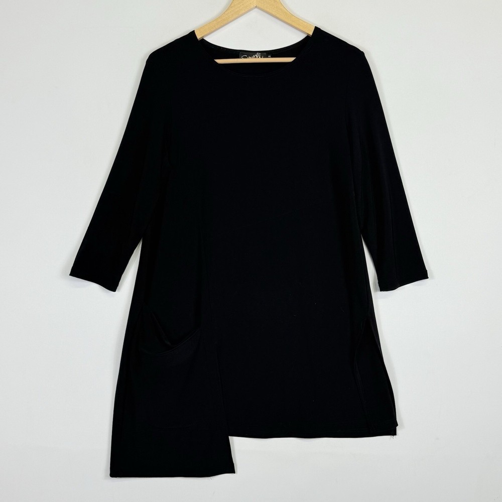 Sympli Tunic Top Women 12 Black Asymmetrical 3/4 Sleeve Jersey Lagenlook Travel