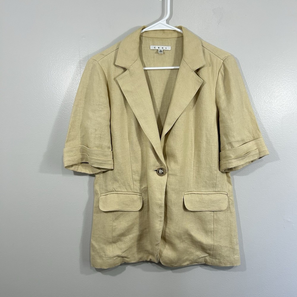 100% Linen Blazer Women’s Size Medium CAbi Jacket Safari Top Cream Beige