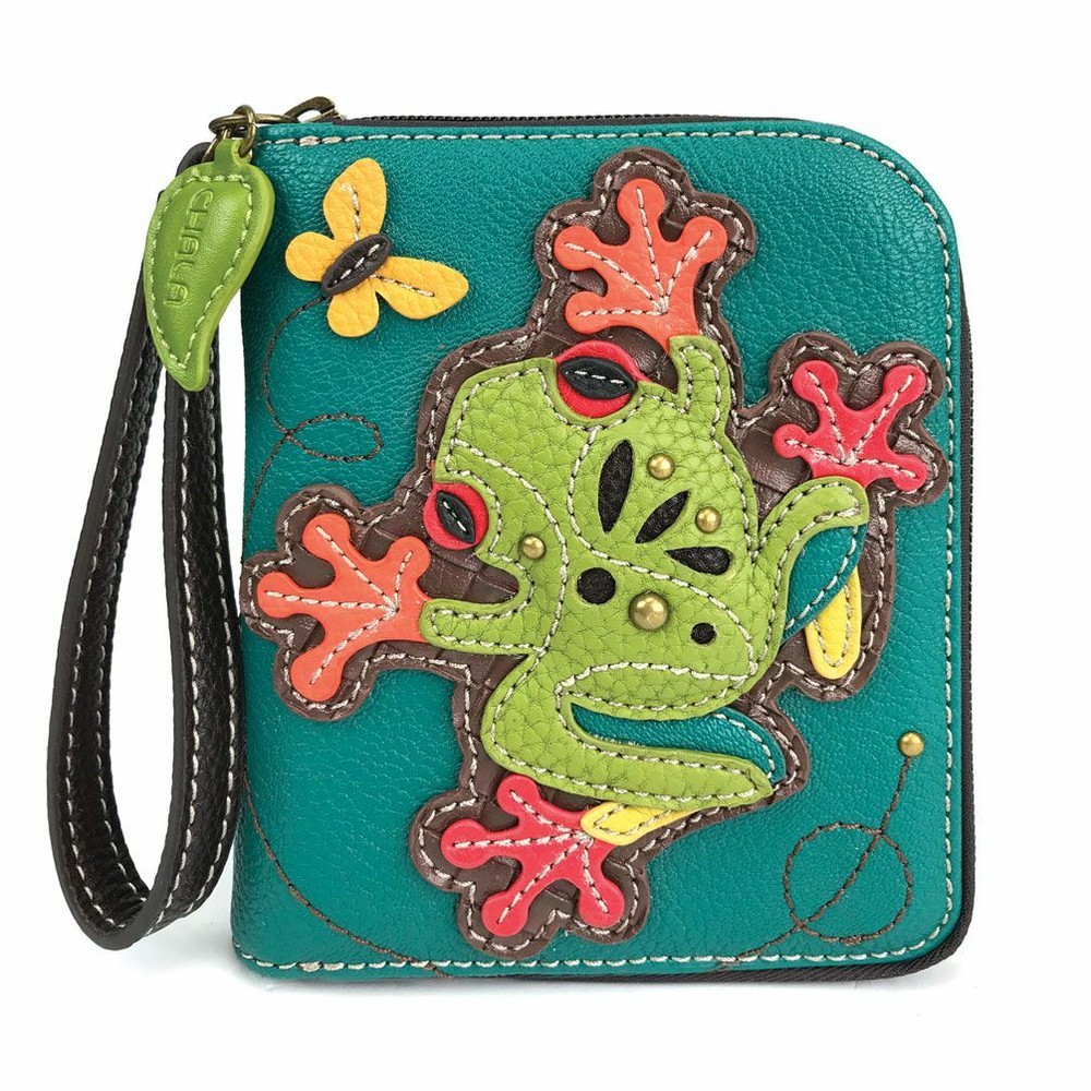 New Chala Green Turquoise Frog Zippered Bifold Wallet Faux Leather
