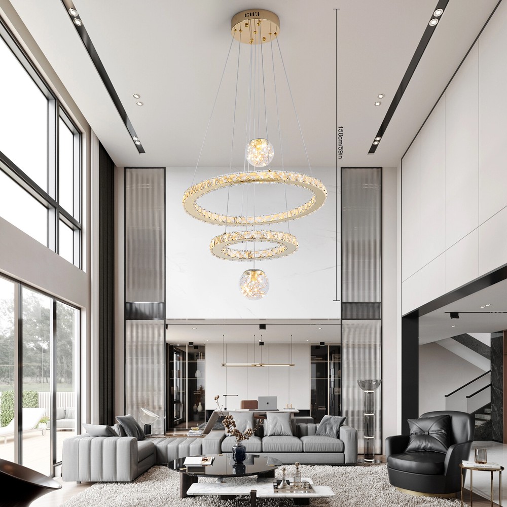 2-Ring Crystal Dimmable LED Chandelier Modern Hanging Ceiling Light Fixture