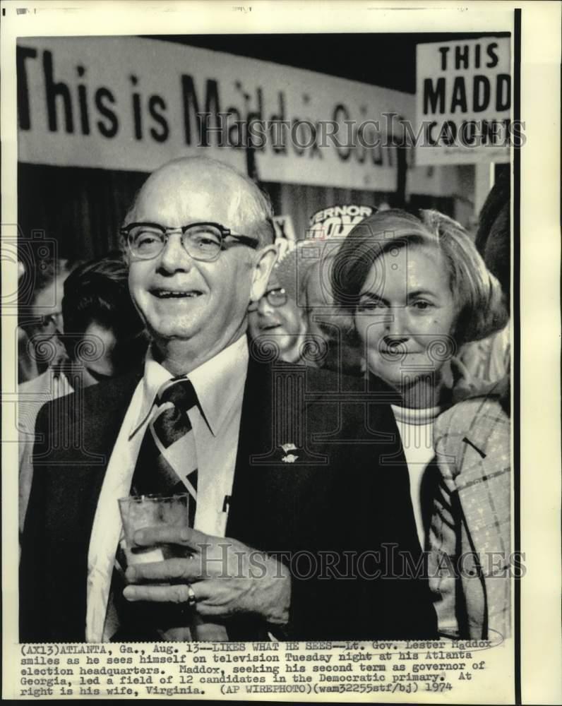1974 Press Photo Georgia Lt. Governor Maddox and wife watch returns in Atlanta