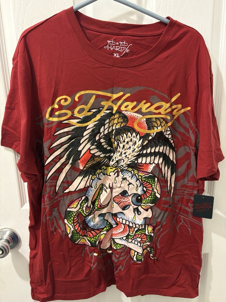 Men’s Ed Hardy Skull Graphic T-Shirt with Rhinestones Red size XL  Y2K Punk