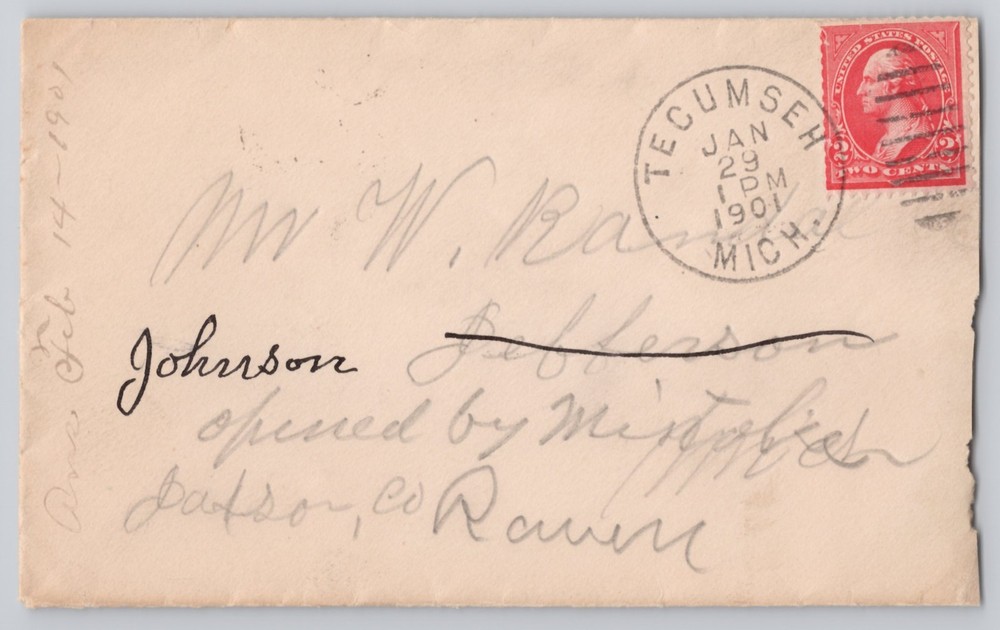 Tecumseh, Michigan, addressed to Brooklyn with 2c stamp Un 1901