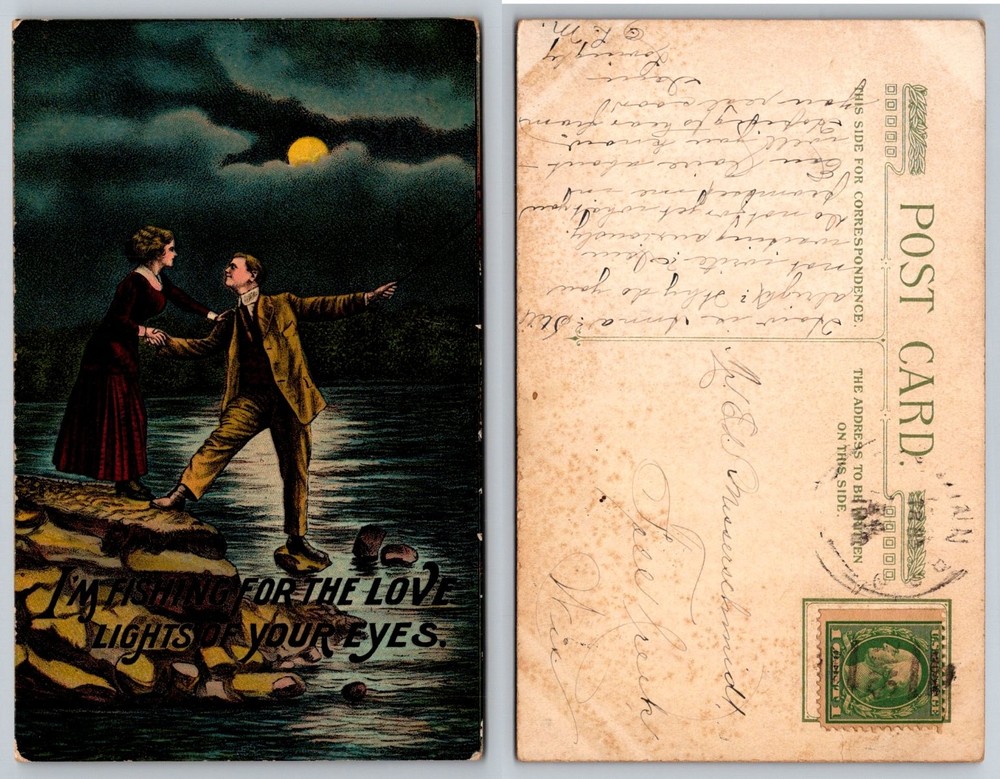 Vintage 1911 Romantic Couple Moonlit Night 