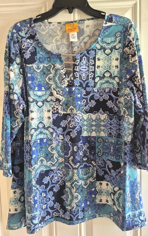 RUBY RD. Stretch Knit Top - PXL - Scoop Neck w/Keyhole, 3/4 Slvs, Shark Bite Hem
