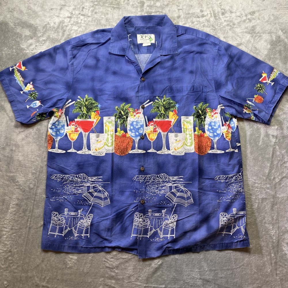 KY'S Hawaiian Aloha Island Cocktail Shirt Mens 2XL Blue Made In Hawaii USA VTG