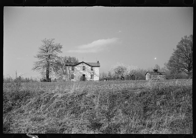 Photo:1930s Rural Farmhouse Field Trees Black and White Photograph