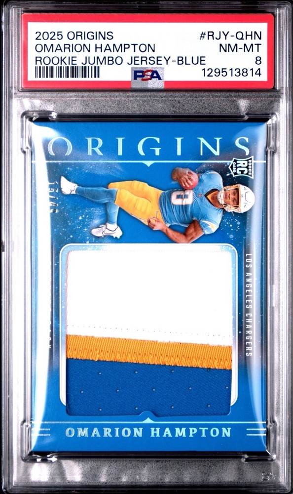 Omarion Hampton 2025 Panini Origins #/49 Chargers Rookie Jumbo Patch PSA 8 POP 1