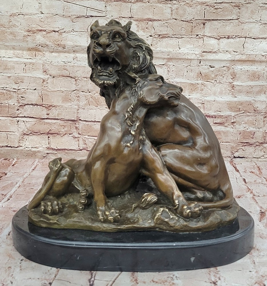 Art Deco Handcrafted Male and Female Bronze Lion Lions Sculpture Hand Made