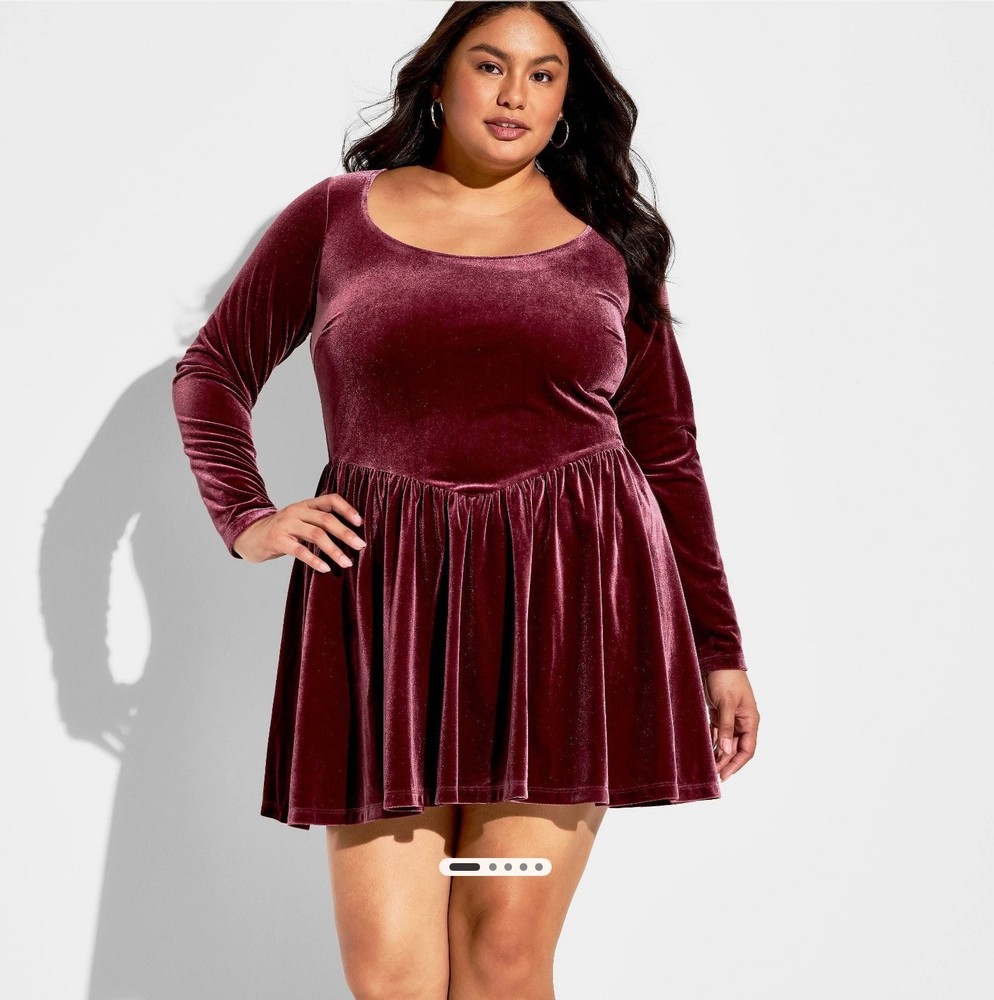 Wild Fable Burgundy Long Sleeve Velvet A-Line Dress 3X.   1971