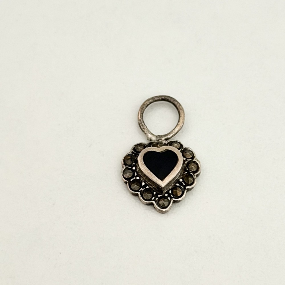 Vintage 925 Sterling Silver Black Onyx Marcasite Heart Small Charm Pendant