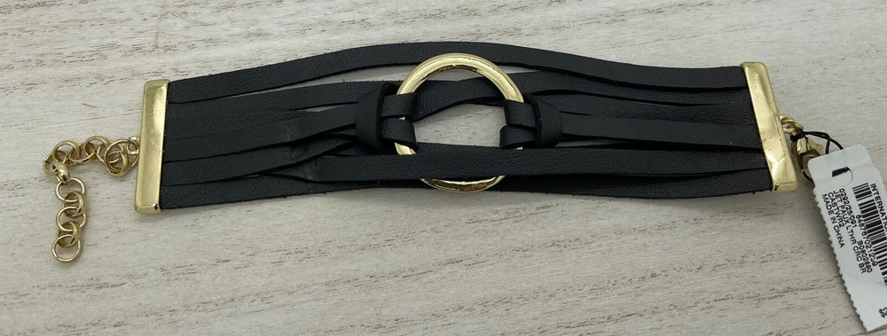 Inc International Concepts Gold-Tone Black Faux Leather Bracelet