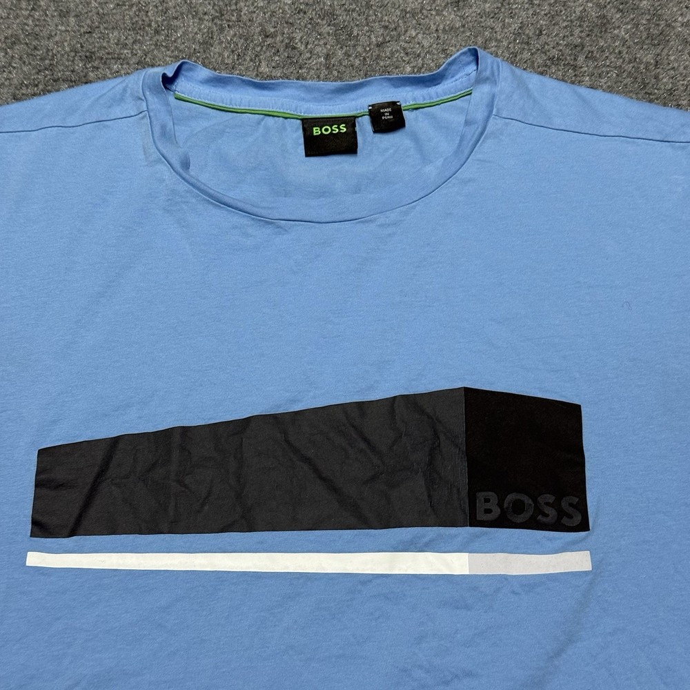 Hugo Boss T-Shirt Mens Large Blue Logo Abstract Graphic 100% Cotton Crewneck-image