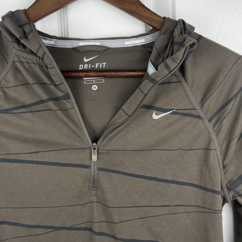 Nike Running Shirt Womens Medium Hooded 1/4 Zip Brown Stripe Dri-FIT 3/4 Sleeve