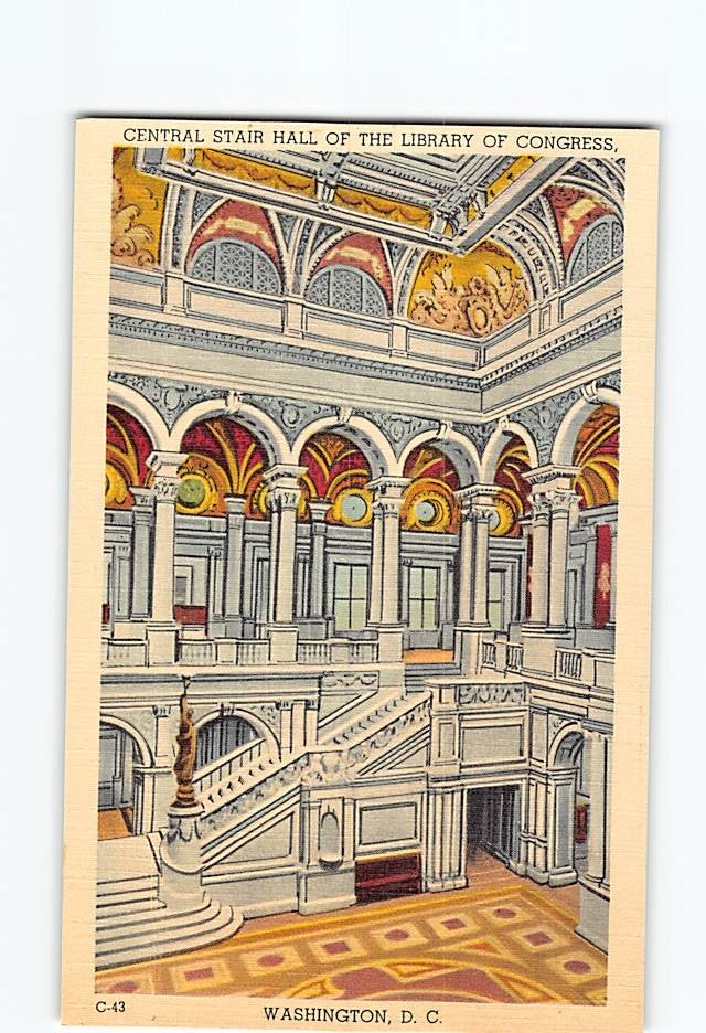 Postcard Central Stair Hall Congress Library Washington DC District of Columbia