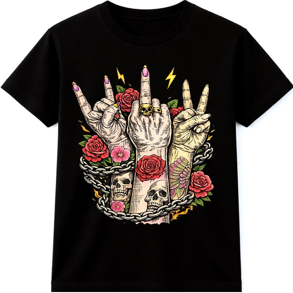 Rock Hand Skull T Shirt Roses Tattoo Style Gothic Punk Biker Graphic Tee