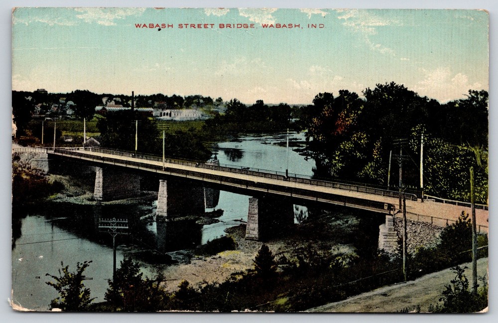 Wabash Indiana~St Bridge Birds Eye View~River~Telephone Poles~c1910 Postcard