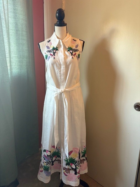 Boden White Linen Embroidered Midi Dress with tie belt