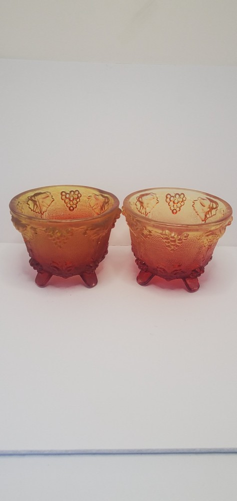 Vintage Amberina Glass Footed Berry Bowls – Grape & Leaf Pattern, Set of 2