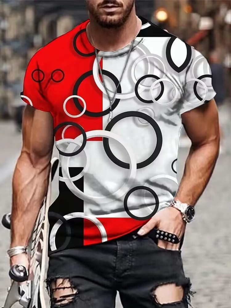 T Shirts Abstract Geometry Novelty Red White Black Print Casual Short Sleeve Tee