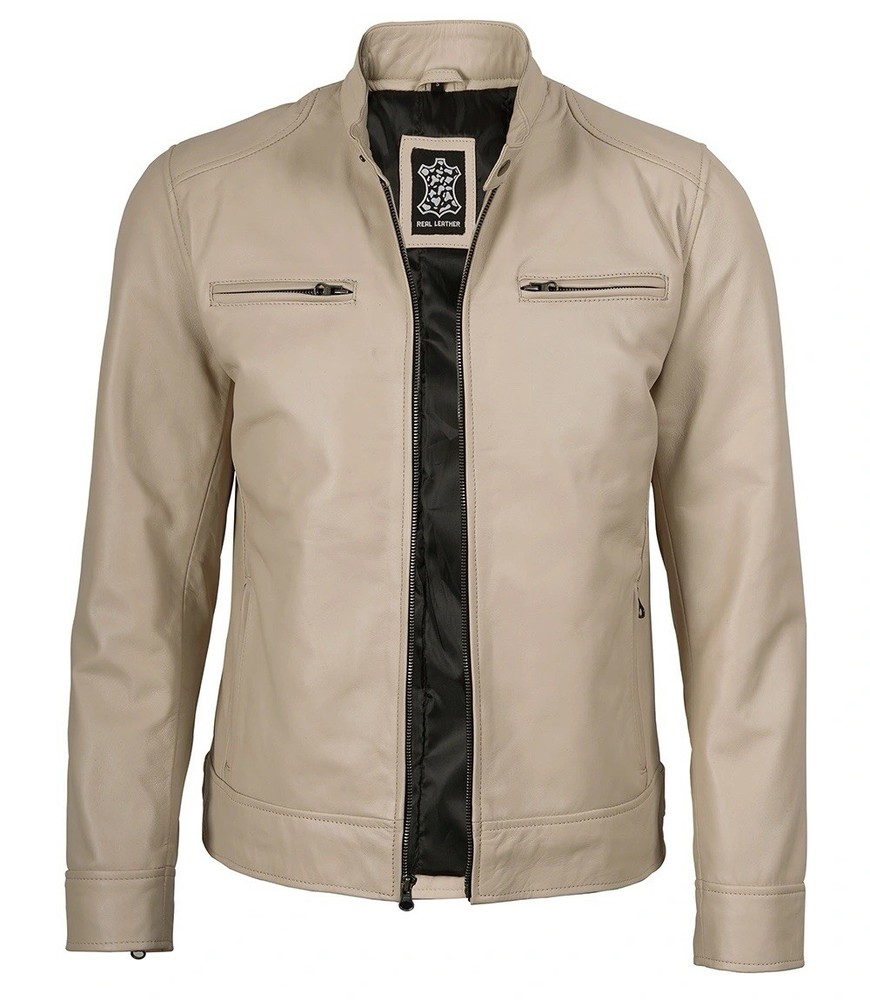 Men’s Beige Real Leather Cafe Racer Jacket Size L – Moto Zip Style – MSRP $309