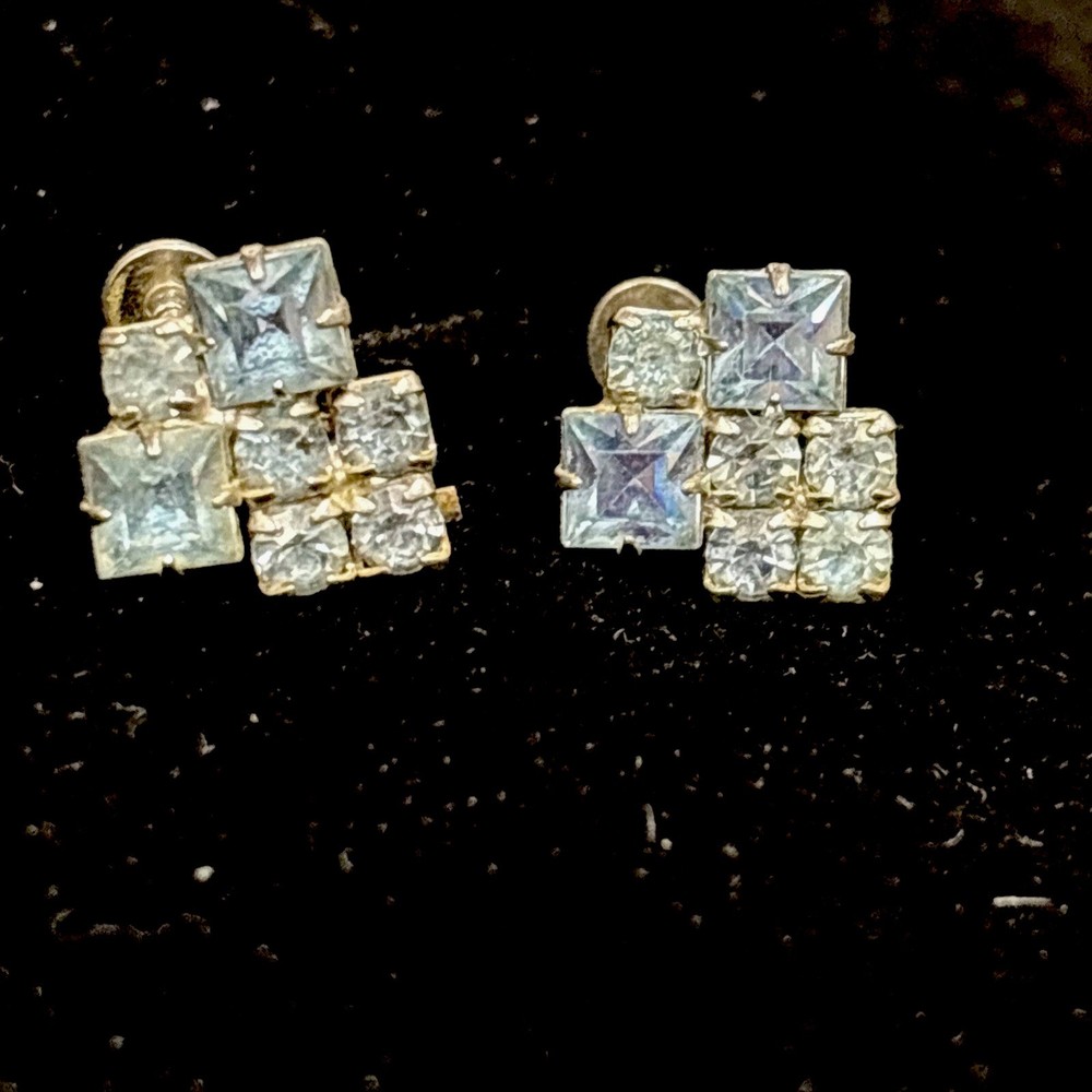Earrings Blue Clear Rhinestone Screw Back Silver Tone VIntage