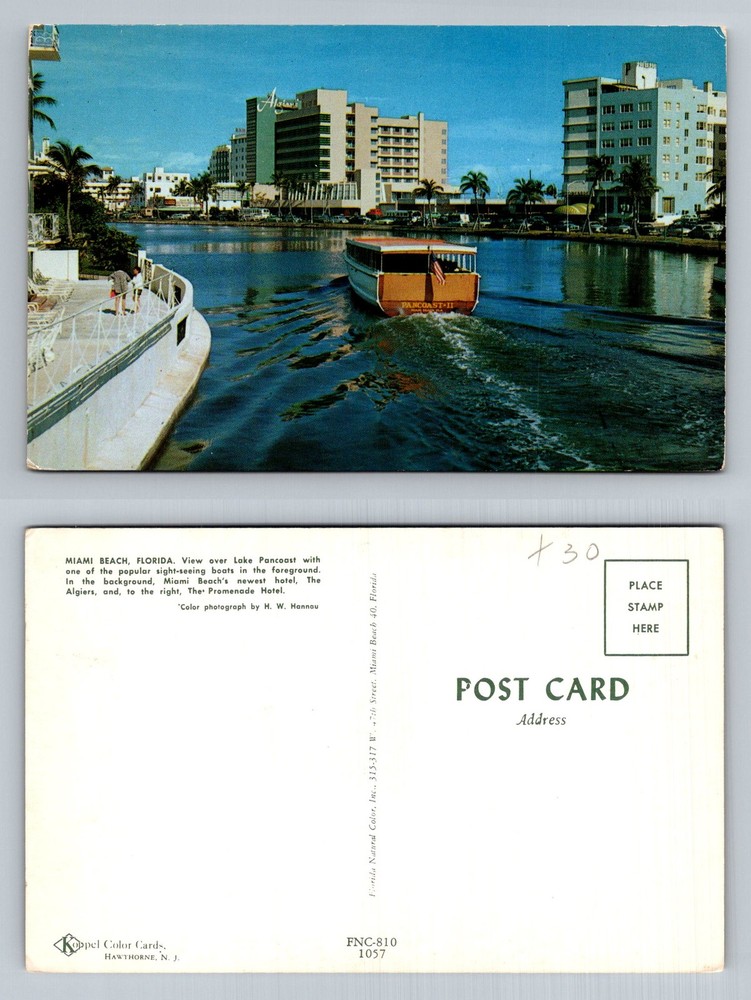 Miami Beach, FL-Florida, Hotels Lake Pancoast Sightseeing Boats Vintage Postcard