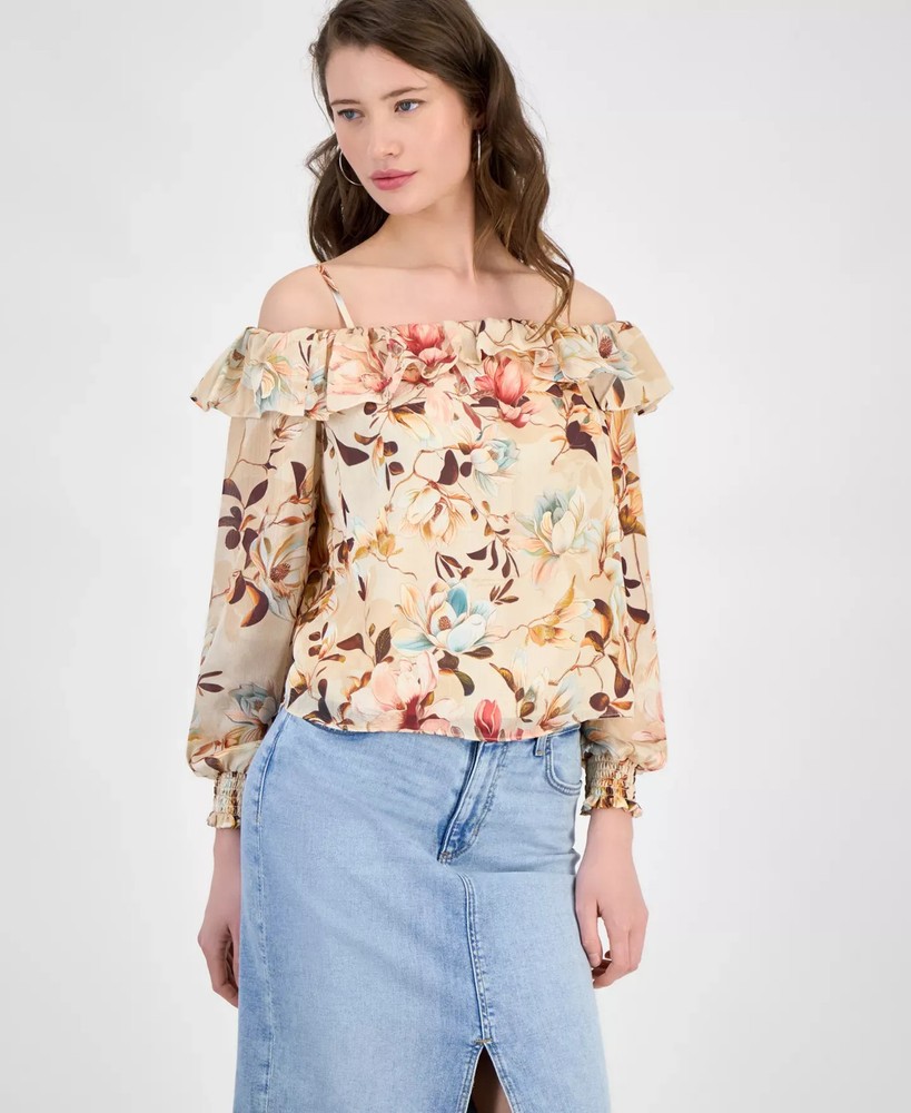 GUESS Women's Top Sz XL Printed Off-The-Shoulder Lucy