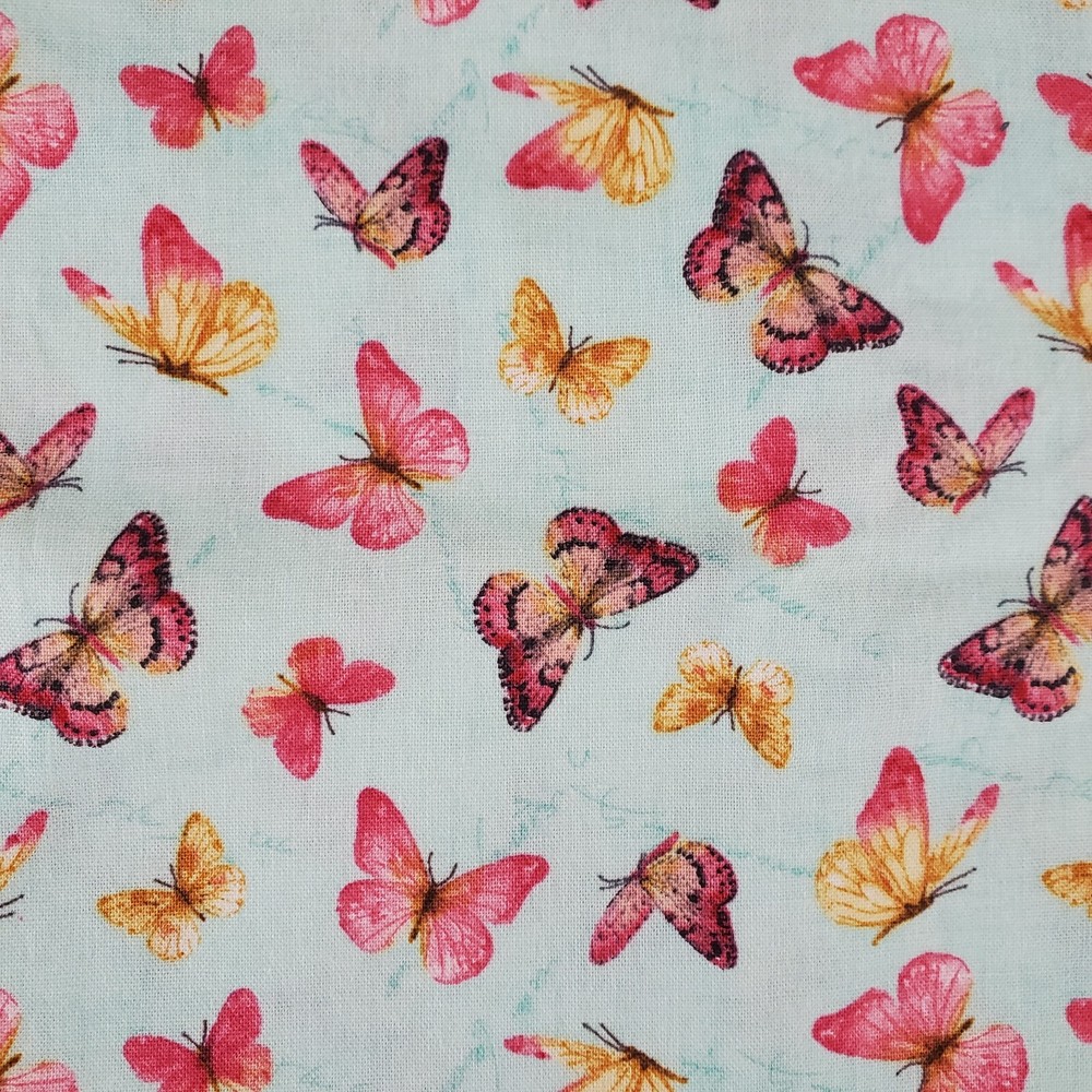 Pink Garden Butterflies Quilt Fabric 2 Yards Light Teal Small Print Cotton