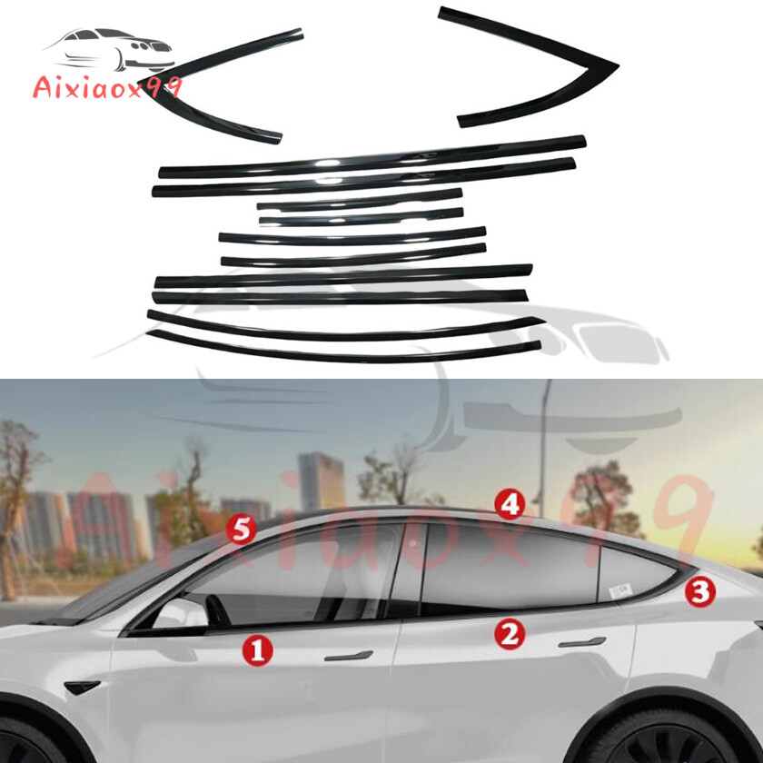 Glossy black Door Window Frame Sill Cover Trim For 2017-2024 Tesla Model 3 10pcs