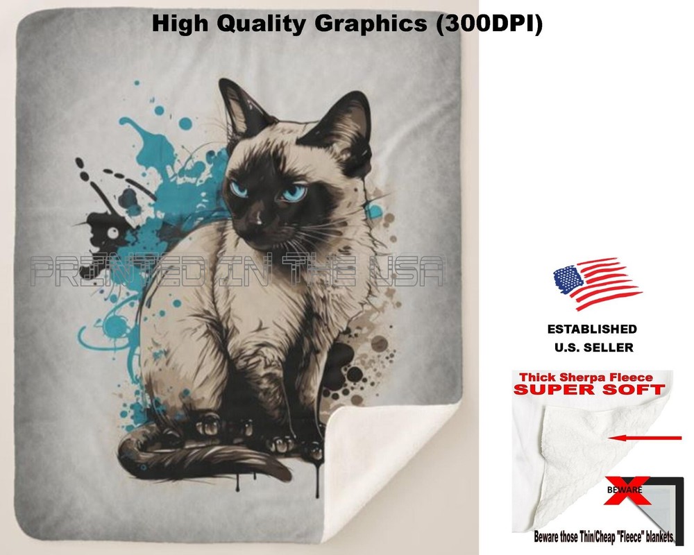 Siamese Cat Kitten Blue Eyes Abstract Graphic Art Sherpa Fleece Throw Blanket-image