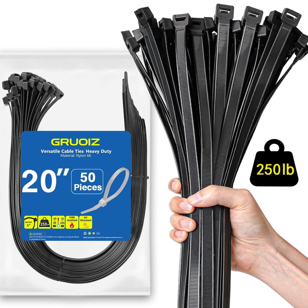 20-Inch Heavy Duty Black Zip Ties 50-Pack – 250lb Tensile Strength for Secure Fastening