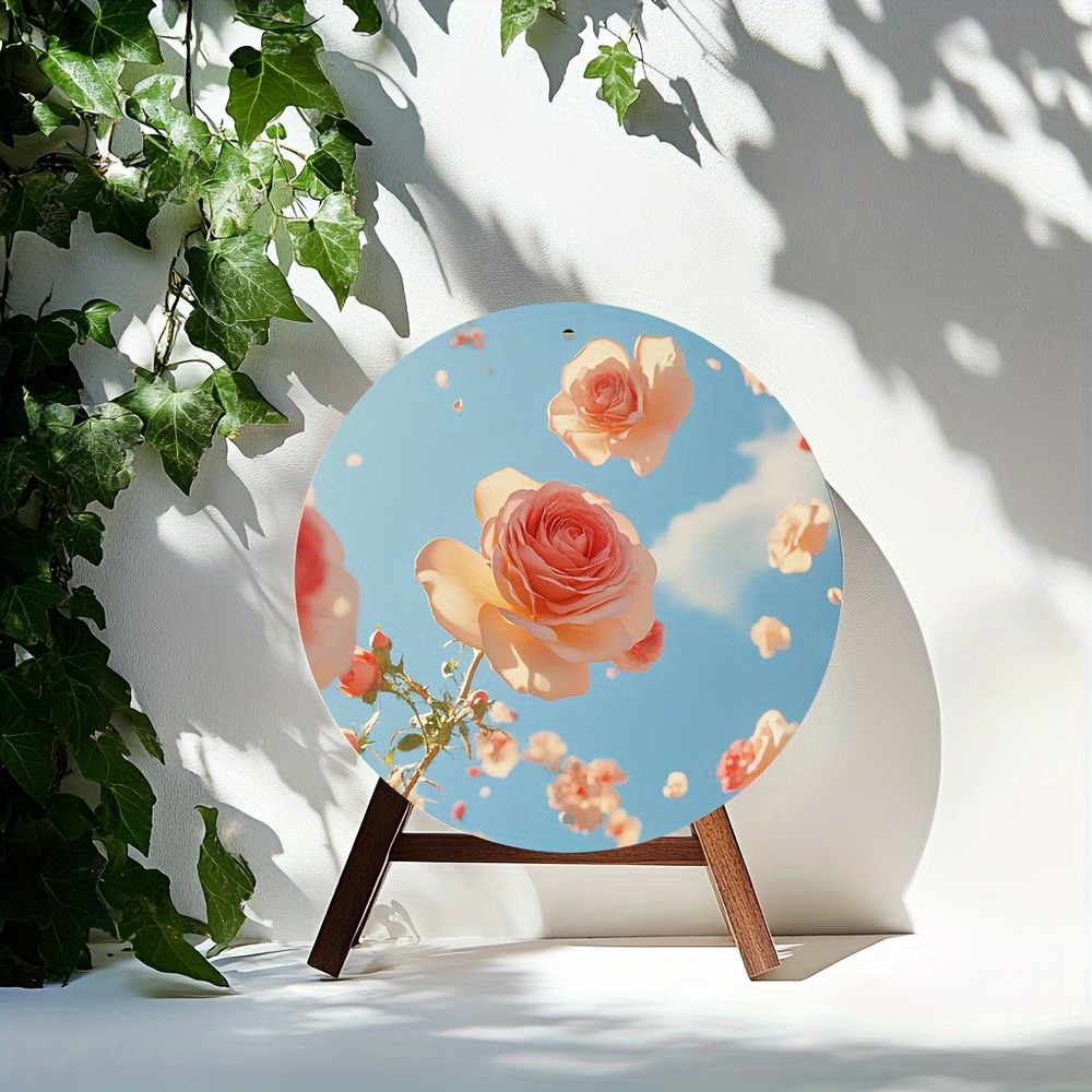 Floral Round Aluminum Sign Pink Roses Green Leaves Decor