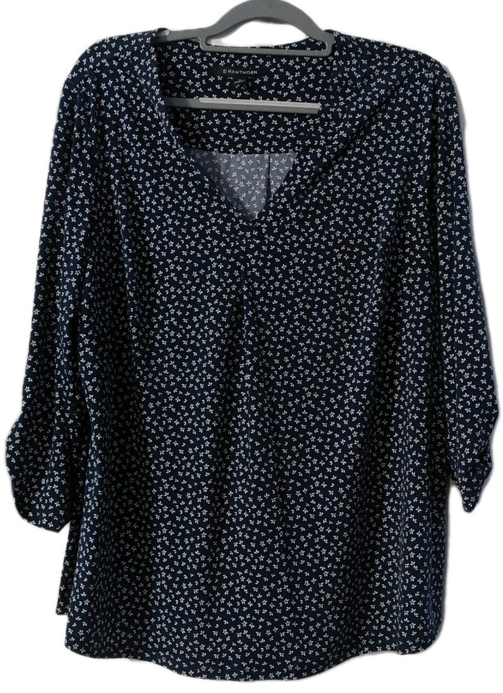 41 Hawthorn Shirt Size 2x Navy Blue White Floral Blouse Roll Tab Sleeves