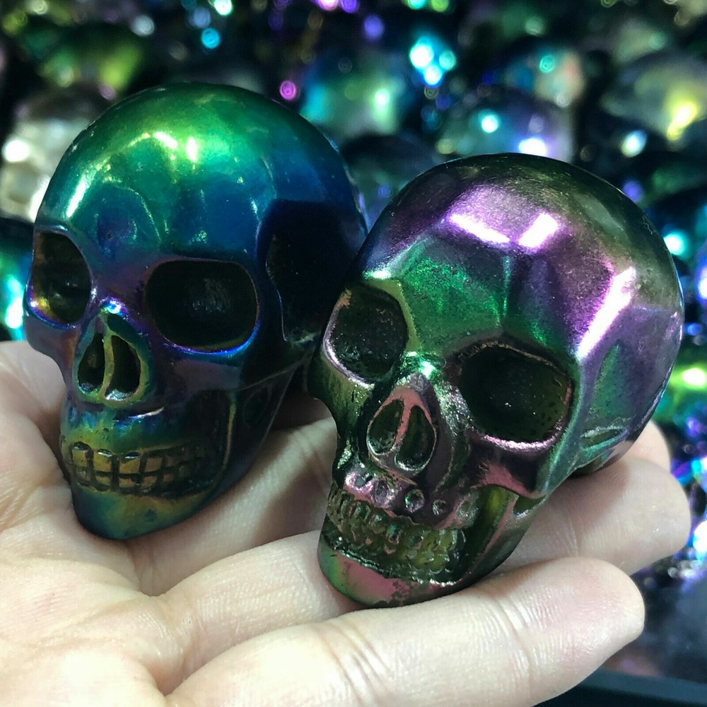 titanium rainbow aura quartz fluorite skull crystal hand Carved healing 1pc