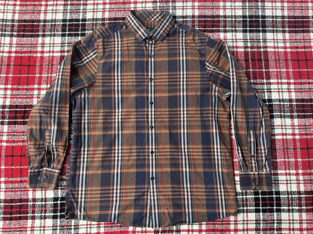 Hart Schaffner Marx Men’s Large Plaid Button Down Shirt 100% Cotton Blue/Orange