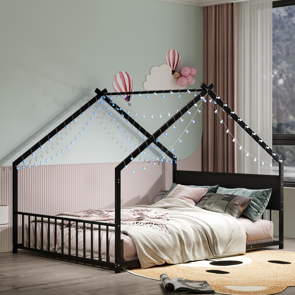 Full Size Children Kid Tent-Roof Floor House Bed Frame w Slats LED Light Strips