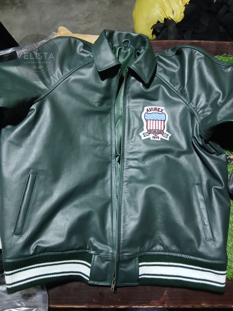 New Men's Avirex Green Real Bomber American Flight Jacket Original Cowhide