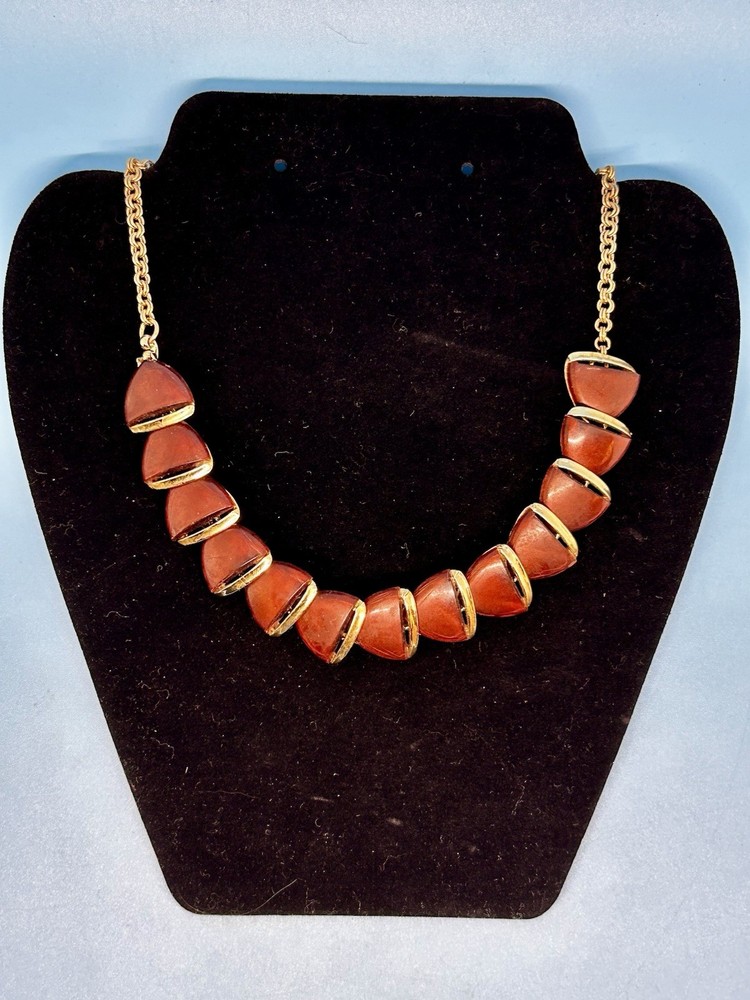 Vintage 1960s Gold Tone Red Lucite Statement Necklace Geometric Mod Retro