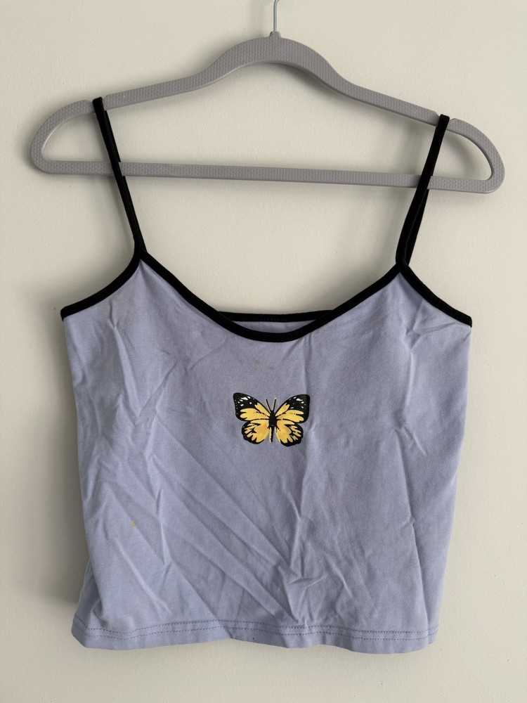 shein Women’s Blue butterfly crop tank top Spagetti Strap Stretchy Size MEDIUM