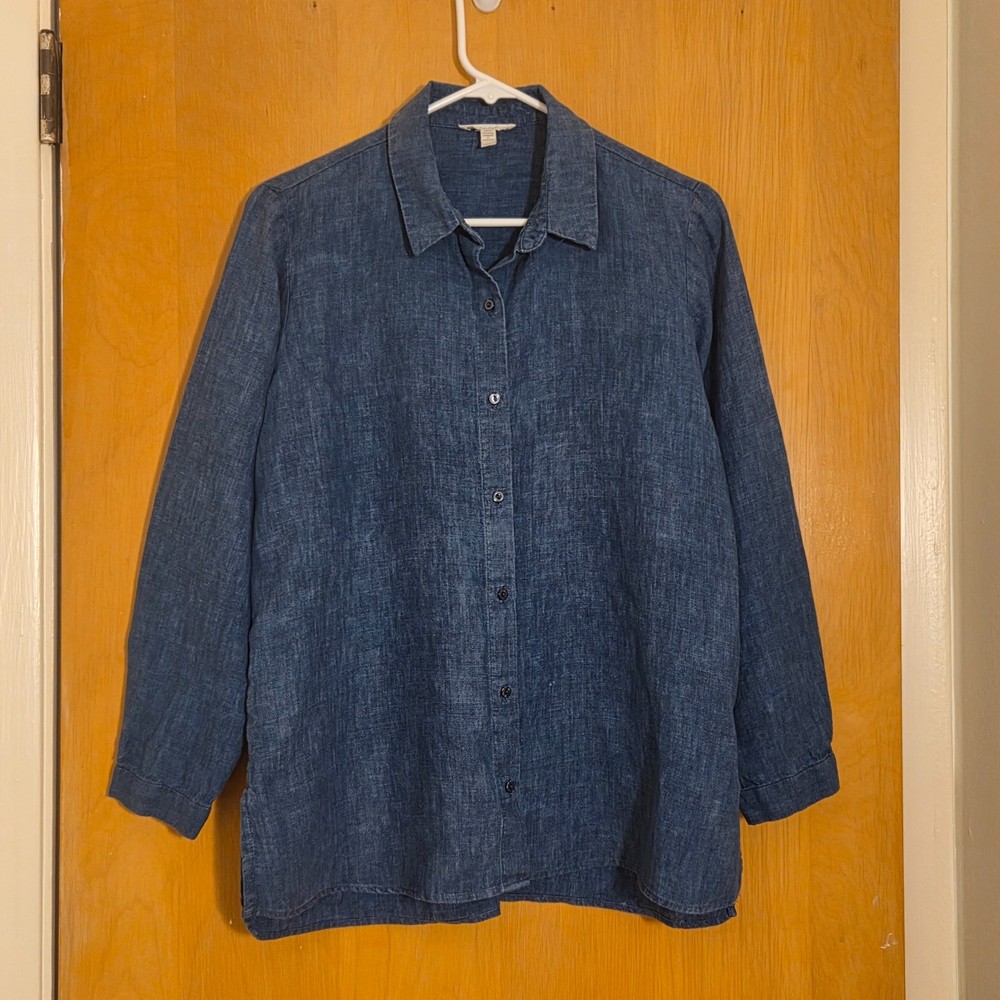 Eileen Fisher Petite Size PM Button Up Shirt 100% Organic Linen Blue Minimalist