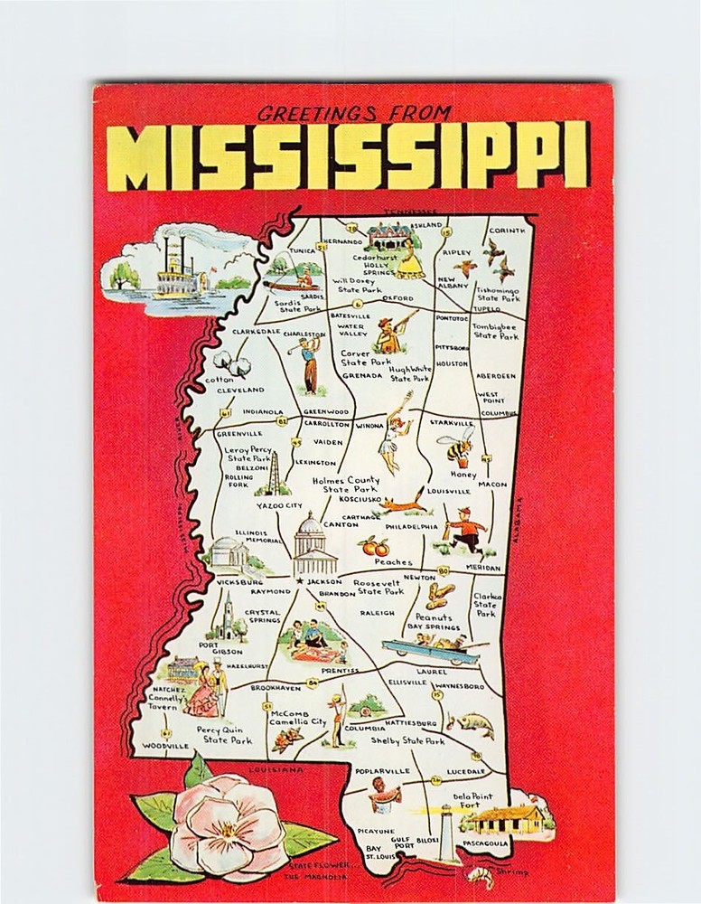 Postcard Map & Attractions Greetings from Mississippi USA