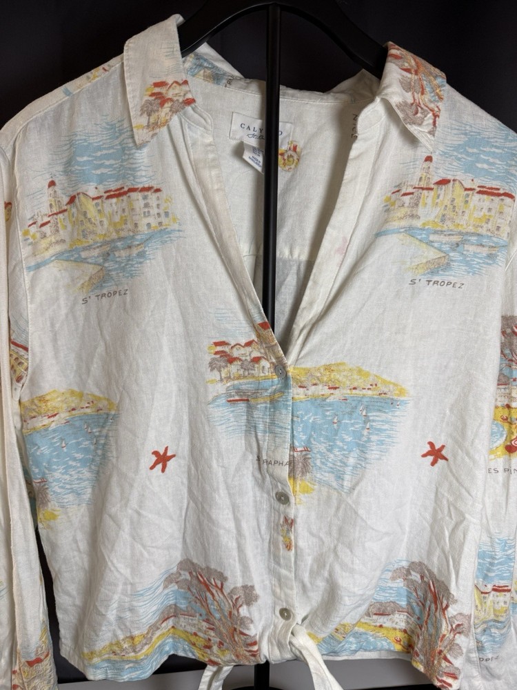 Calypso St Barth Women's Printed Tie-Front Button Shirt Summer Sz M Linen Blend