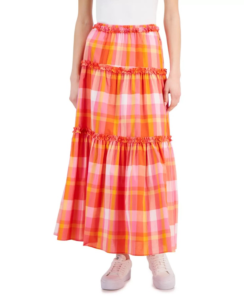 Nautica Jeans Women's Skirt Sz L Cotton Plaid-Print Ruffle-Trim