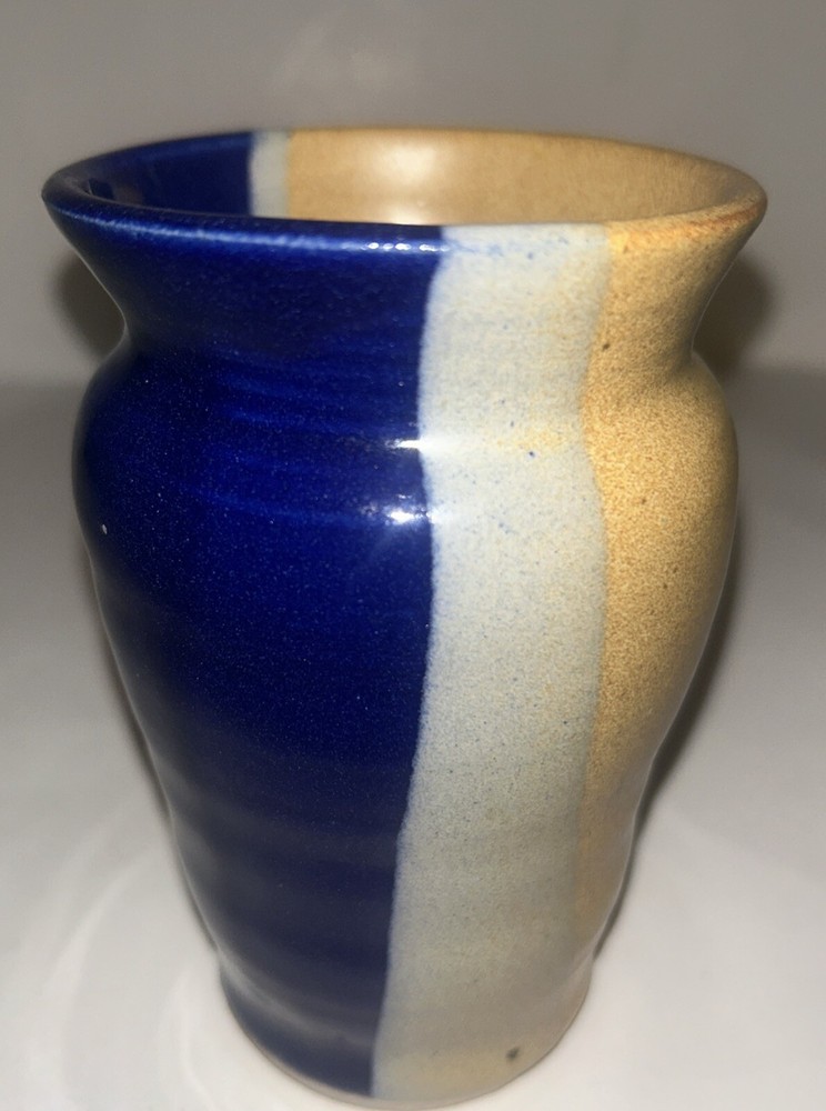 Hand Made Studio Art Pottery Stoneware Vase Vessel Brown Blue Lines Signed