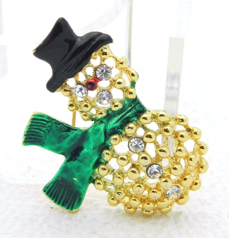 Vintage Gold Tone Clear Rhinestone Enamel Christmas Snowman Pin Brooch