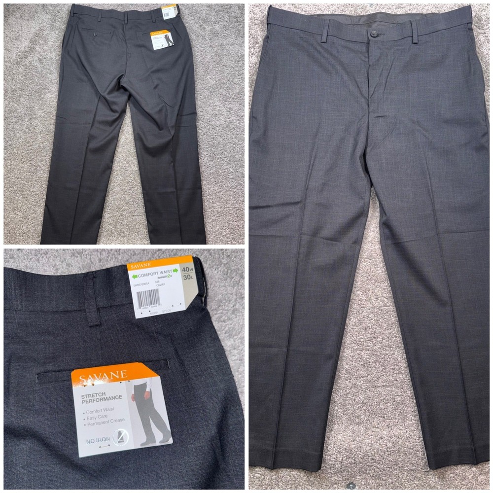 Savane Dress Pants Mens 40x30 Stretch Comfort Waist Caviar Charcoal Gray NEW