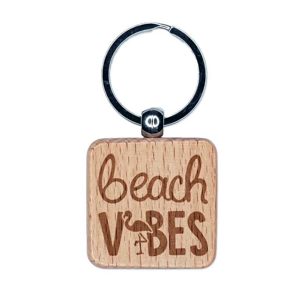 Flamingo Beach Vibes Engraved Wood Keychain Tag Charm  