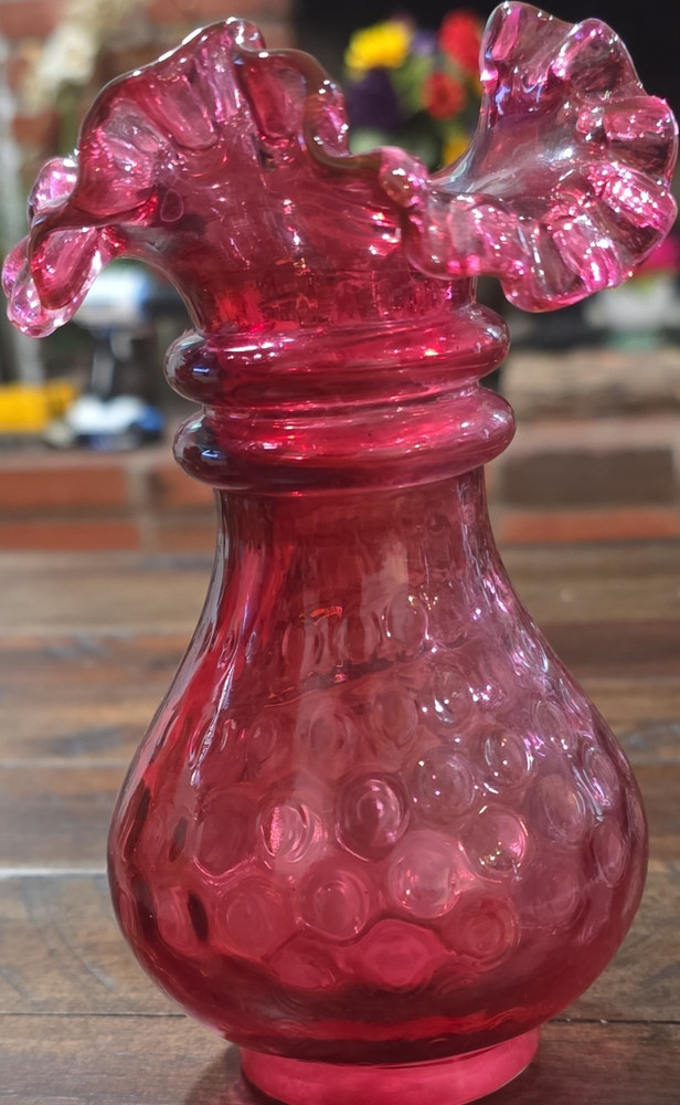 Red Glass Coin Dot Decorative Vase with Ruffled Rim, Glossy Finish