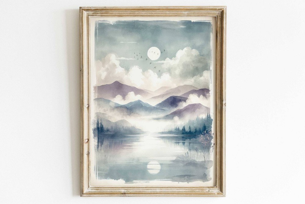 Lake Mountain Print Nursery Landscape Art Mountain Painting Rustic Nature